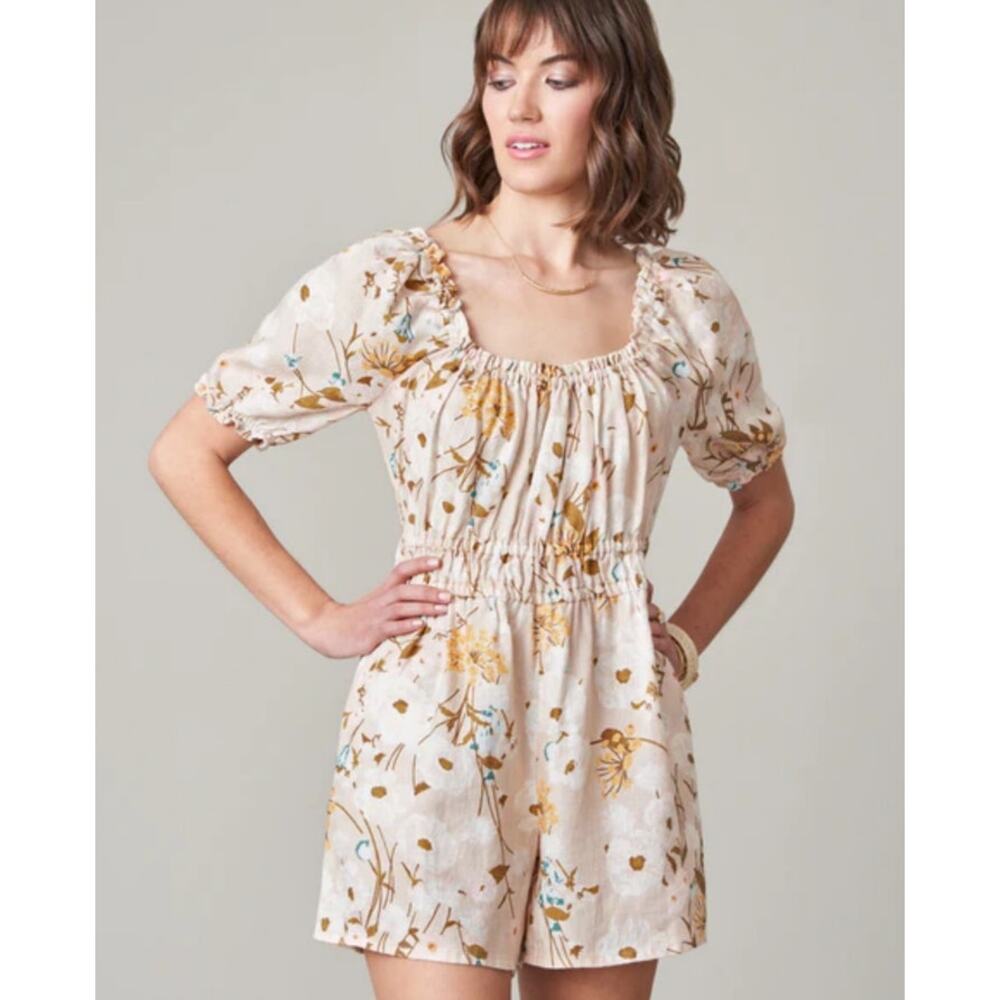 Spartina 449 Linen Floral Romper Small Boho Puff Sleeve Pockets Beige